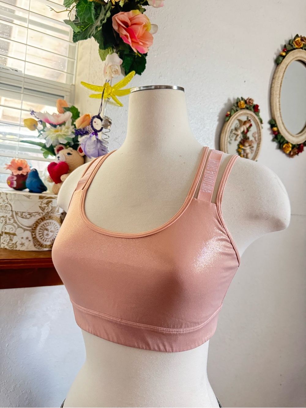Victoria’s Secret sports bra shimmery pink with cross back